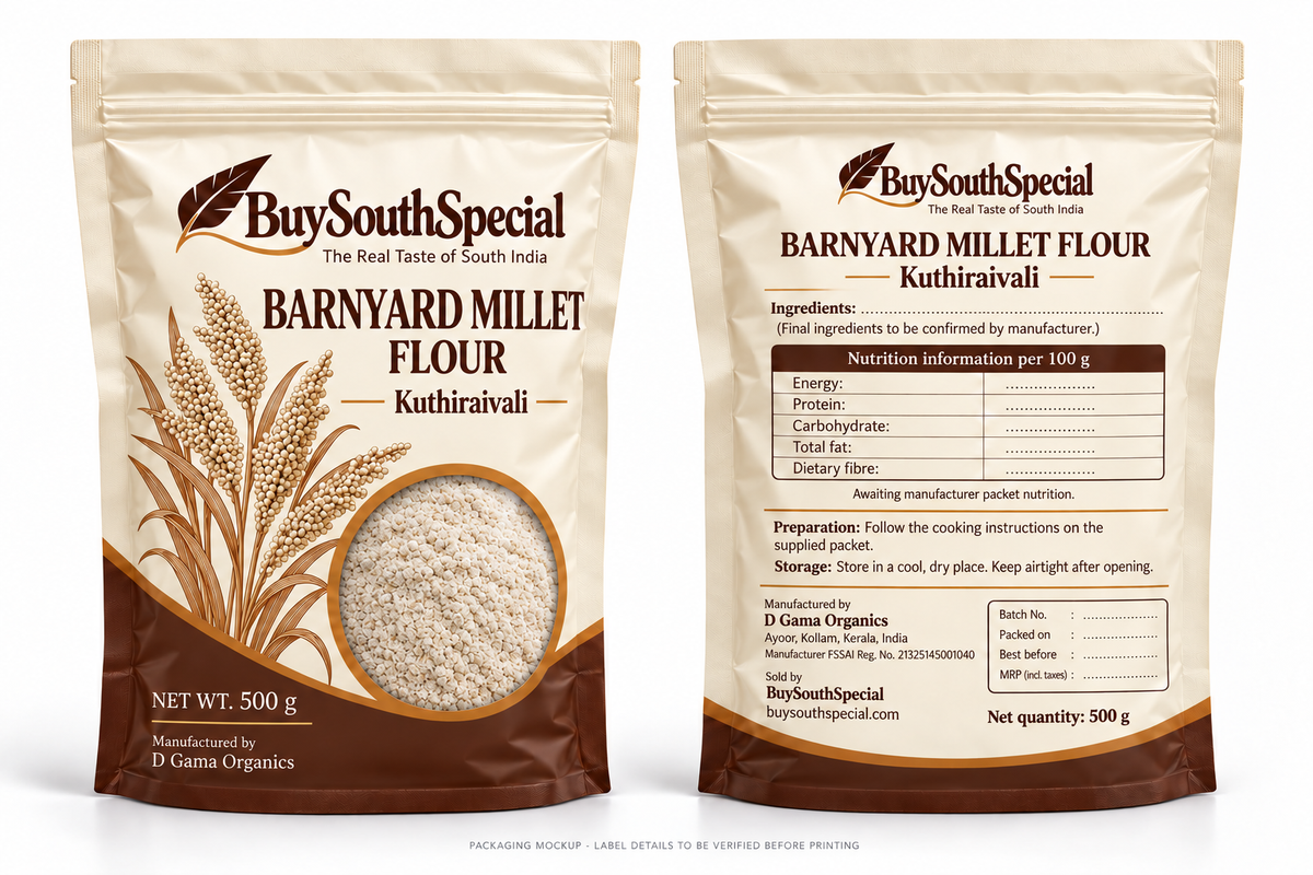 BuySouthSpecial Barnyard Millet (Kuthiraivali) Flour - 500 g - proposed front and back packaging mockup