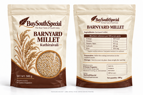 BuySouthSpecial Barnyard Millet (Kuthiraivali) - Raw Grain - 500 g - proposed front and back packaging mockup