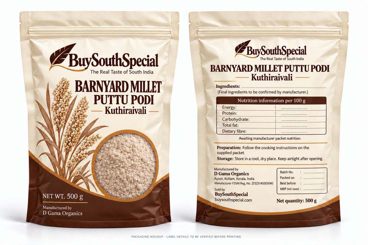 BuySouthSpecial Barnyard Millet (Kuthiraivali) Puttu Podi - 500 g - proposed front and back packaging mockup