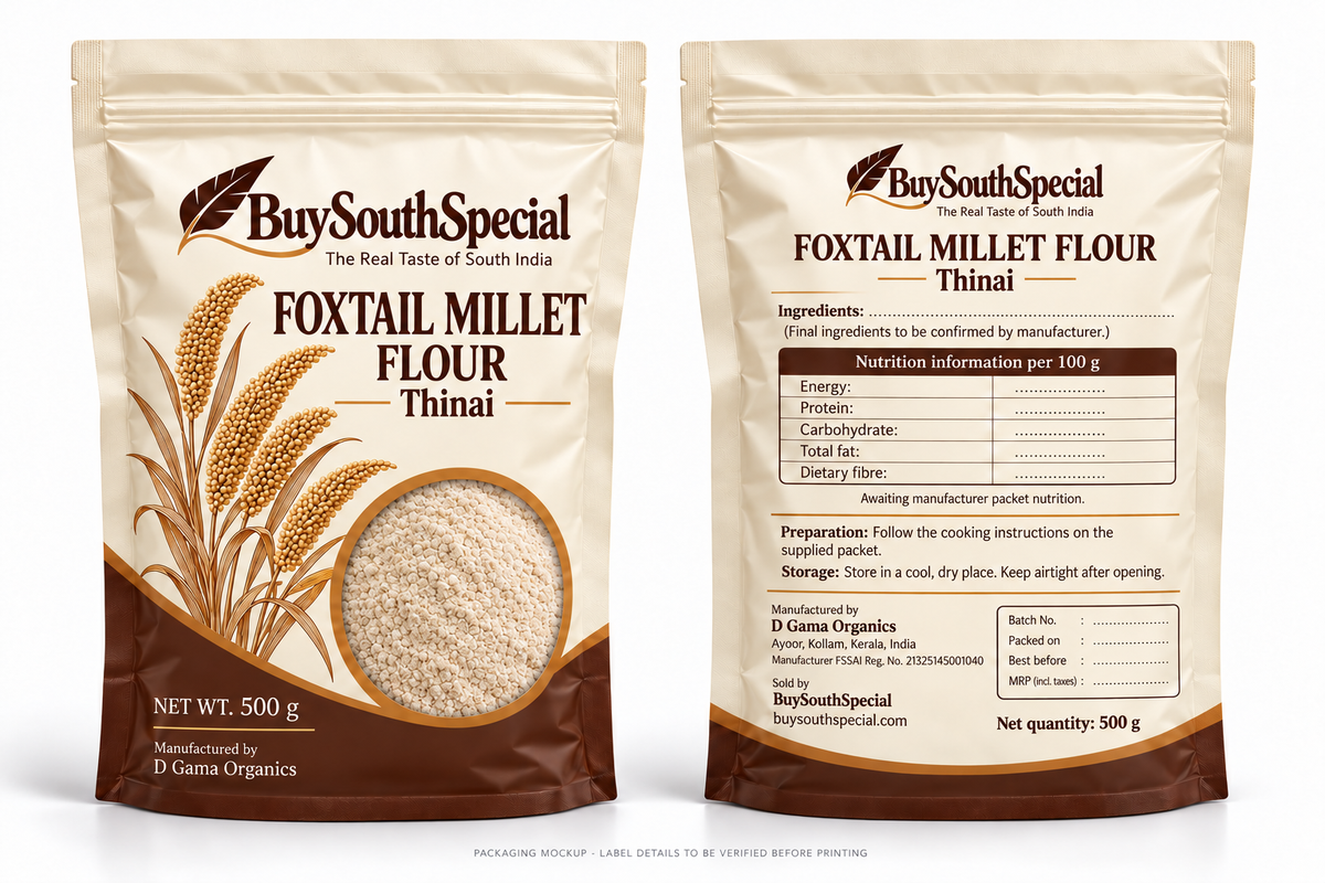 BuySouthSpecial Foxtail Millet (Thinai) Flour - 500 g - proposed front and back packaging mockup