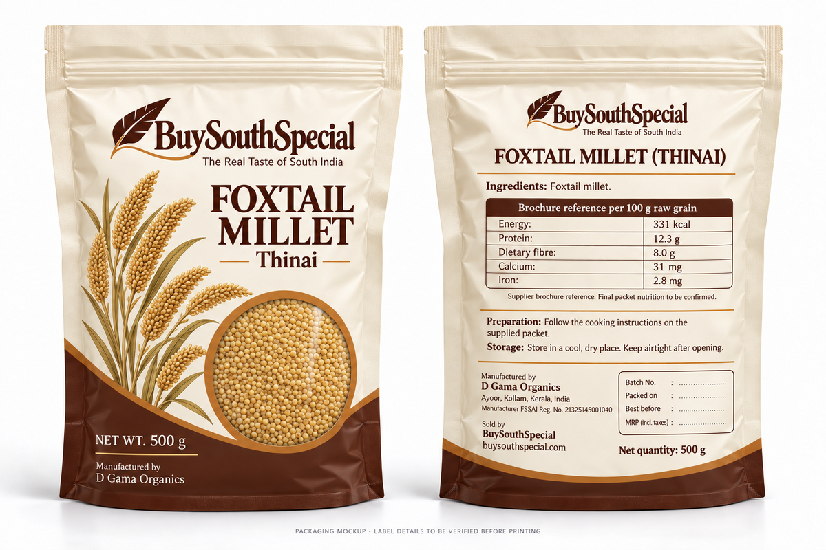 BuySouthSpecial Foxtail Millet (Thinai) - Raw Grain - 500 g - proposed front and back packaging mockup