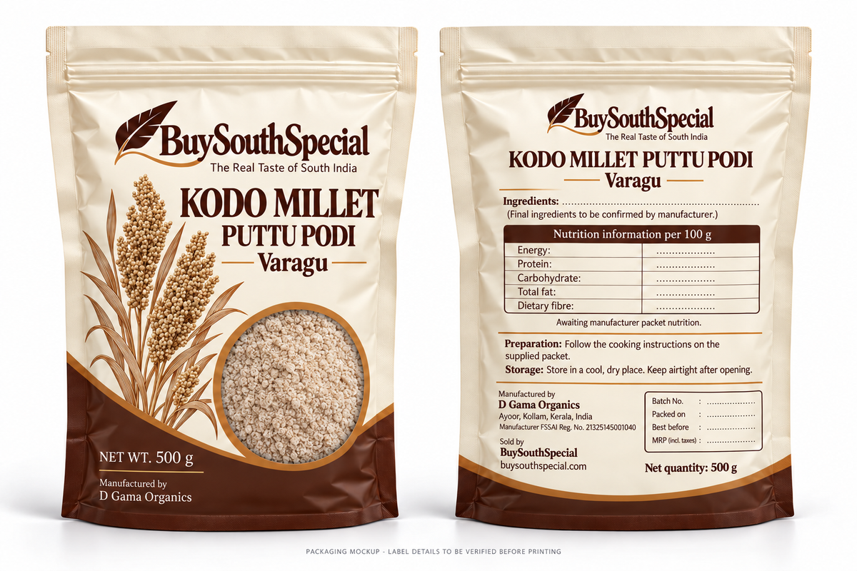 BuySouthSpecial Kodo Millet (Varagu) Puttu Podi - 500 g - proposed front and back packaging mockup