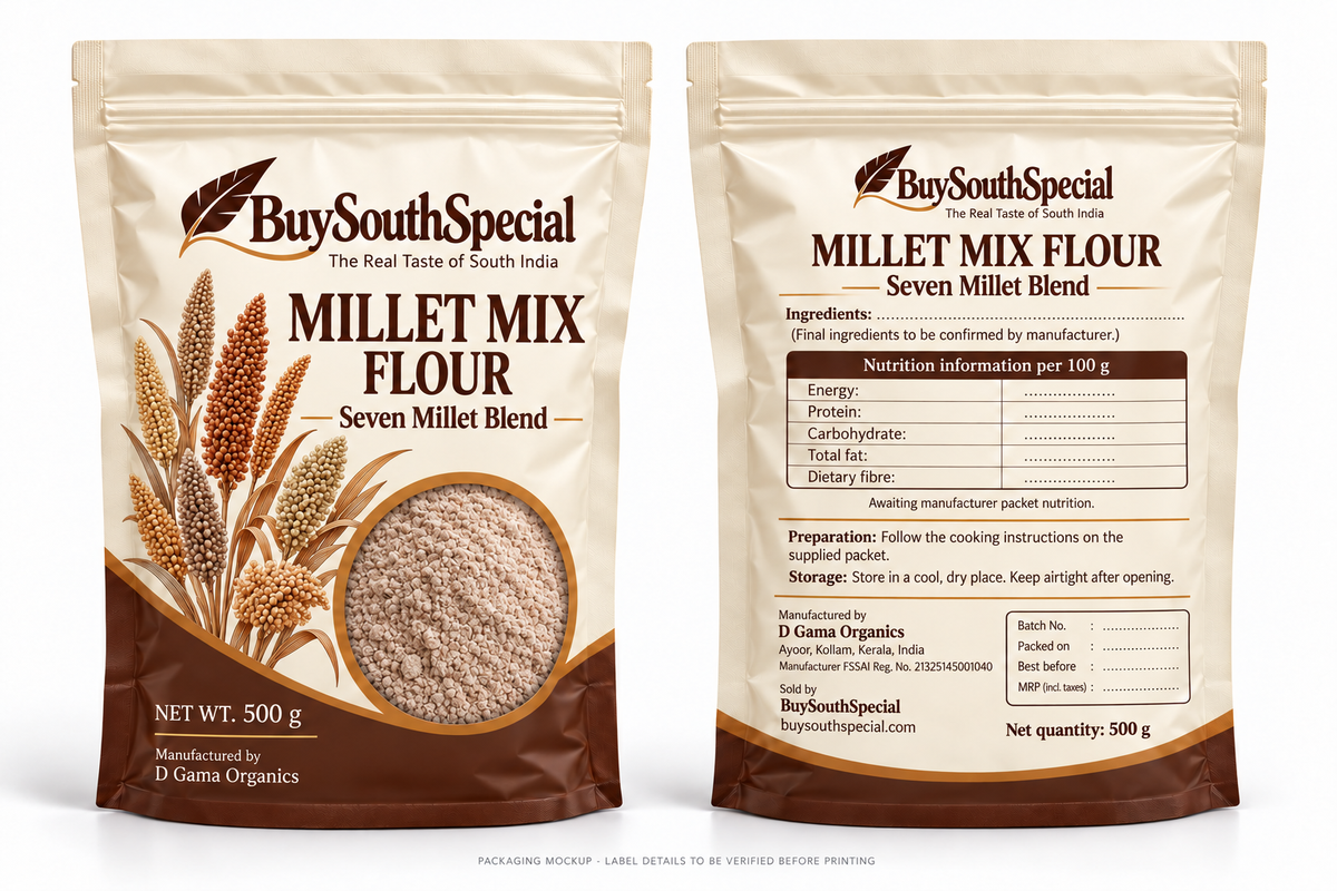 BuySouthSpecial Millet Mix Flour - 500 g - proposed front and back packaging mockup