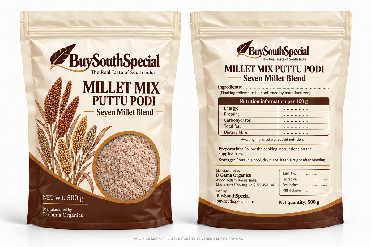 BuySouthSpecial Millet Mix Puttu Podi - 500 g - proposed front and back packaging mockup