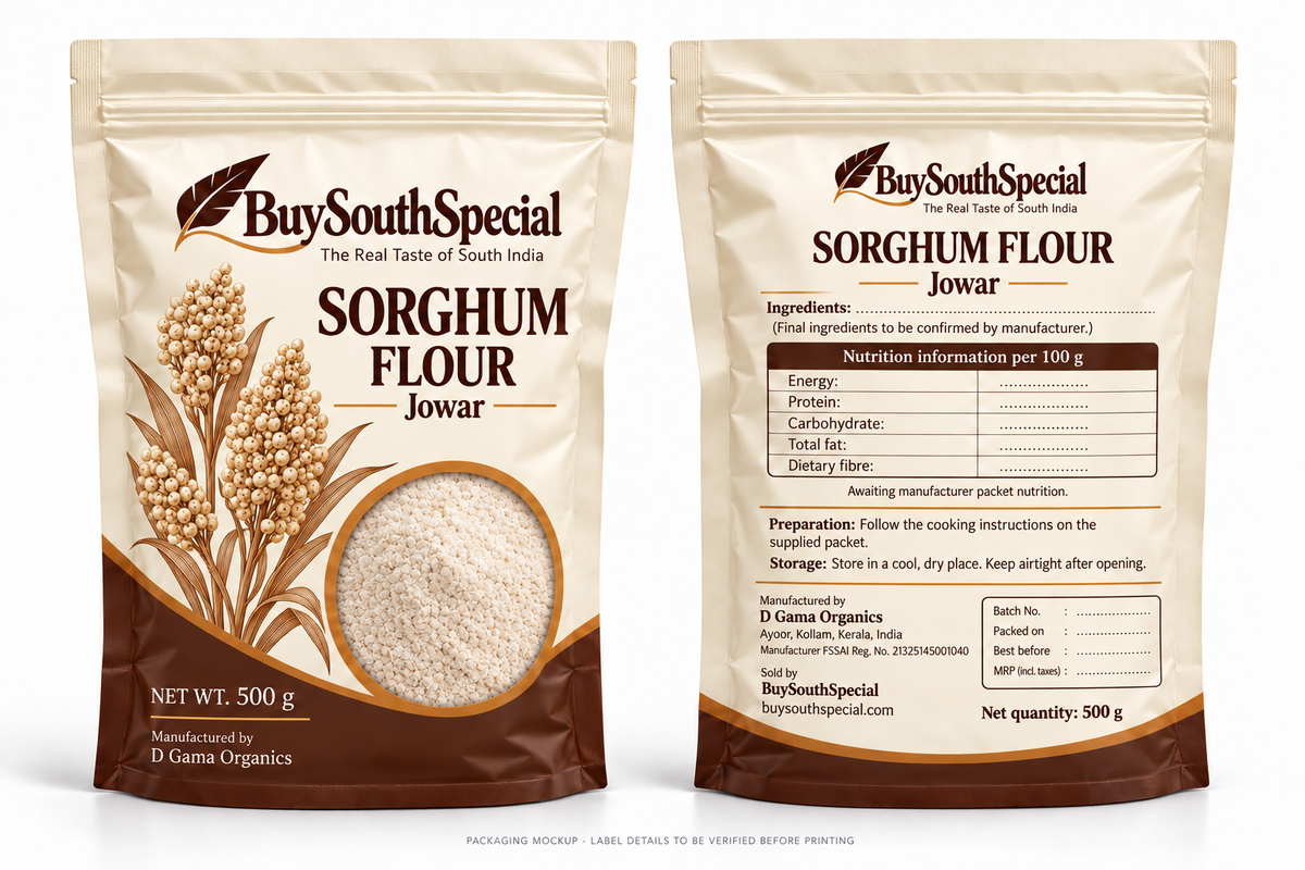 BuySouthSpecial Sorghum (Jowar) Flour - proposed front and back packaging mockup