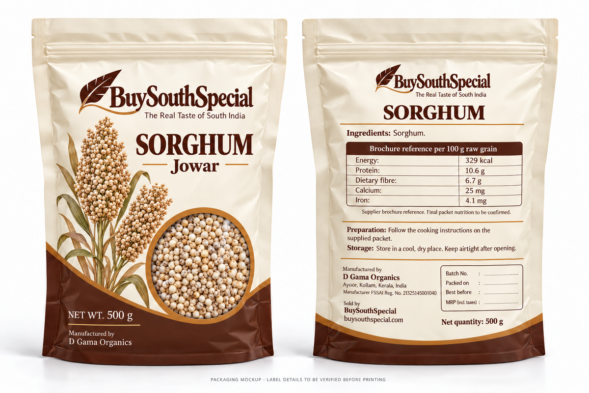 BuySouthSpecial Sorghum (Jowar) - Raw Grain - 500 g - proposed front and back packaging mockup