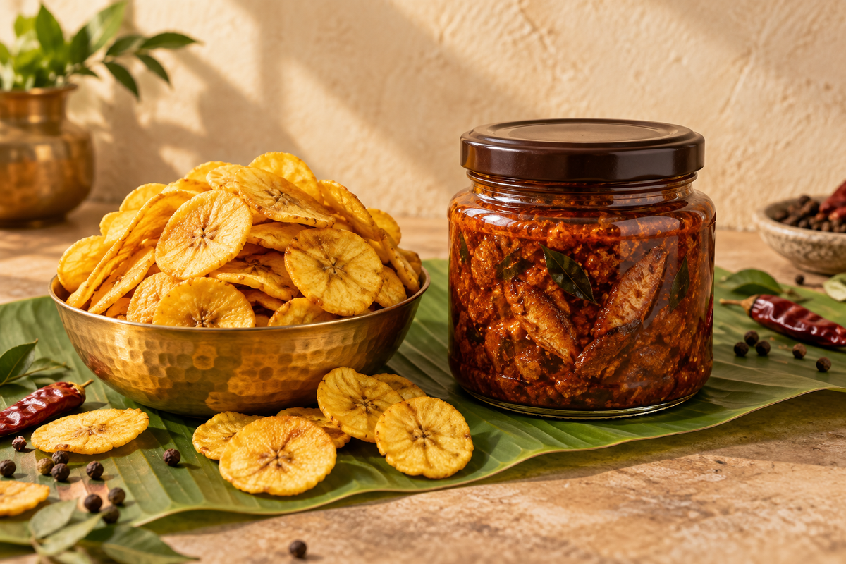 Illustrative banana chips and fish pickle on a banana leaf